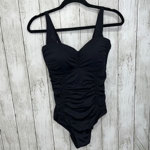 SKYE One Piece Slimming Swimsuit Medium Black Ruched Cinch Adjustable Straps